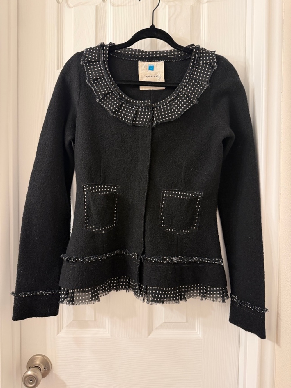 Sparrow by Anthropologie Black Ruffle-Trimmed Embellished Wool Cardigan Size S